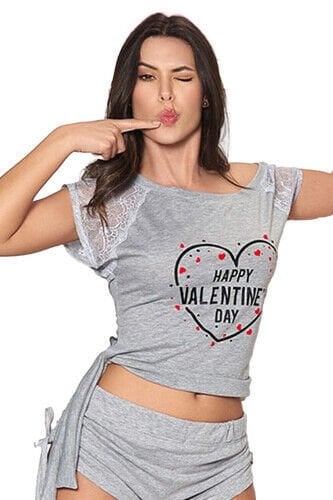 Kadın Gri Sevgililer Günü Özel Tasarım Pijama Takımı