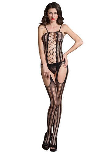 Kadın Siyah Fantezi Vücut Çorabı Esnek Örgülü Seamless